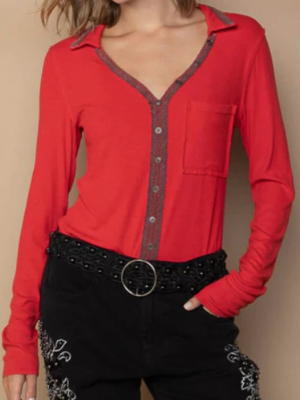 POL Cherry Red Ribbed Henley Shirt with Crochet Trim | Medium